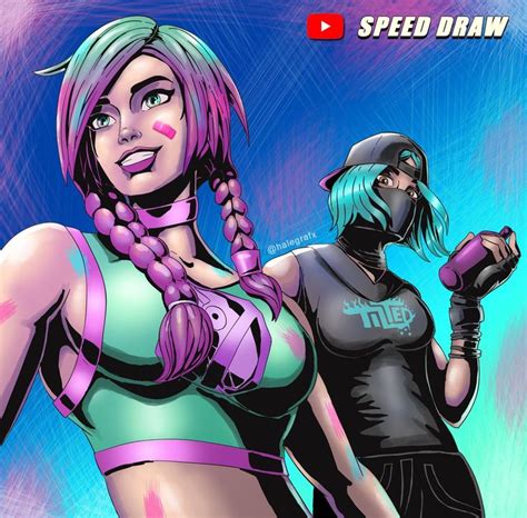 An Image Of Two Women With Pink Hair And Blue Eyes In Front Of A Speed Draw Background