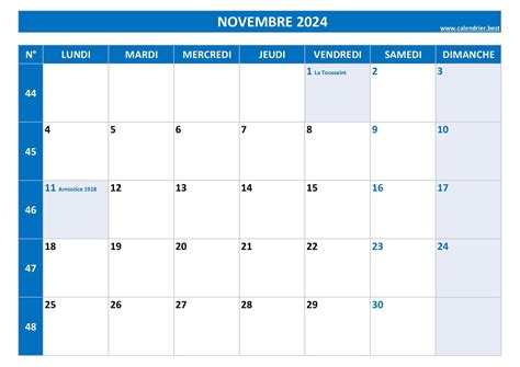 Semaine 45 2024 dates calendrier et planning hebdomadaire à imprimer