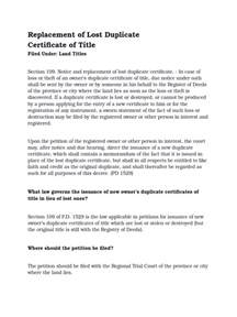 Replacement Of Lost Duplicate Certificate Of Title
