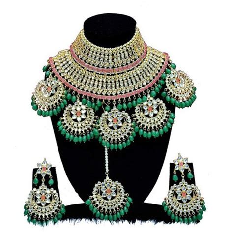 Indian Wedding Green Color Bridal Necklace Pendant Earrings Jewelry Set