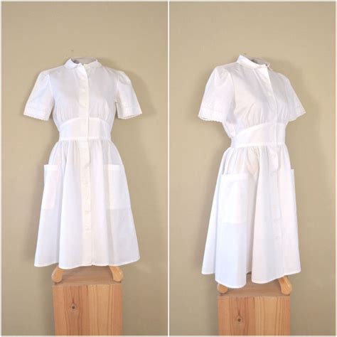 Vintage Bright White Shirtdress 1980s Crisp White Nurse Uniform 1950s Style Cotton Pocket