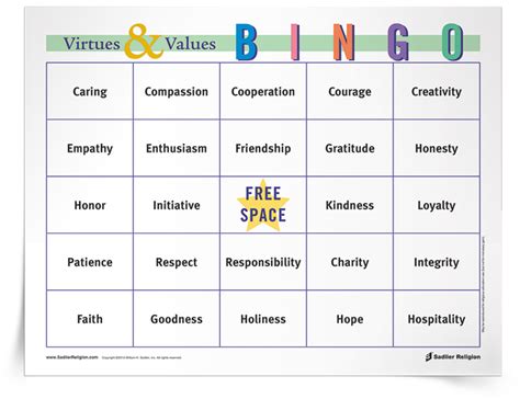 Virtues And Values Bingo Game Download Sadlier Religion