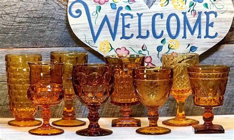 Set Of 8 Gorgeous Mismatched Amber Vintage Water Goblets Etsy In 2020 Glassware Vintage
