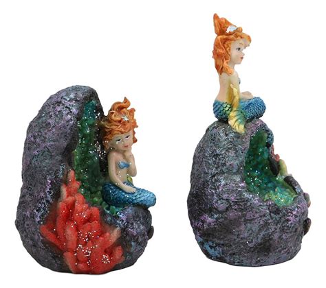Ebros Nautical Blue Tail Mermaids With Led Light Geode Crystal Cave Fi