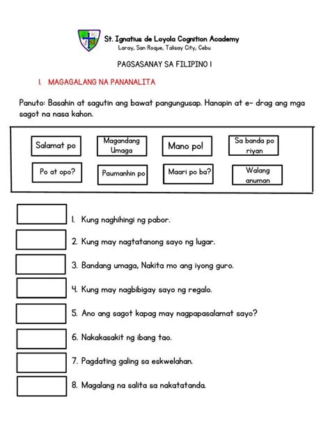 Pagsasanay Sa Filipino Worksheet Summative Assessment St Grade