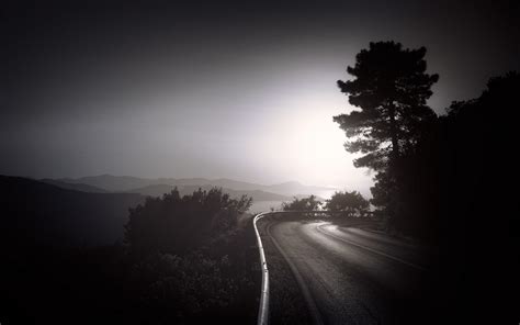 Nature Landscape Monochrome Road Sunrise Mountain Trees Shrubs Mist Lake Dark Horizon