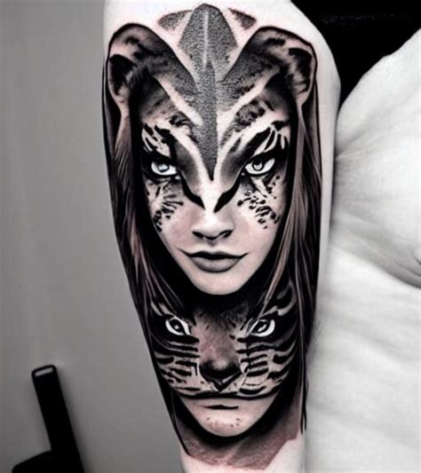 Tattoo Design Of A Beautiful Girl Warrior Under A Tiger Head Hy
