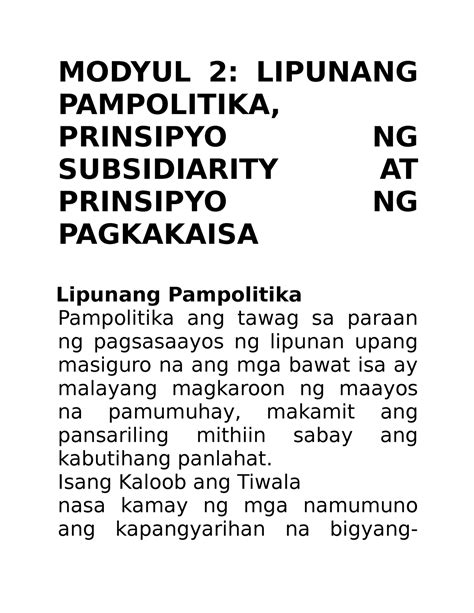 Lipunang Pampolitika Prinsipyo Ng Subsidiarity At Prinsipyo Ng