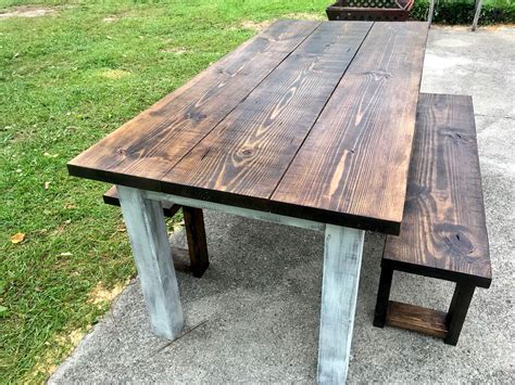 Dark Walnut Farmhouse Table With Benches Rustic Wooden Dark Walnut Top