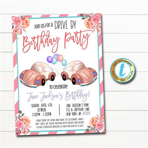 Drive By Birthday Parade Invitation Virtual Birthday Party Invitation