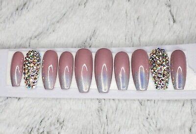 Nude Nails Holographic Bling Tips Coffin Mauve Press On Nails Crystals My Xxx Hot Girl