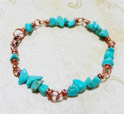 Copper Wire Wrapped Bracelet With Turquoise Chip Beads