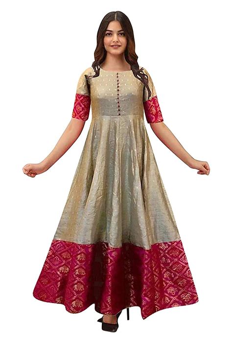 Buy Mohtarma Womens South Indian Silk Gown Banarasi Model One Piece Maxi Long Dress For Girls