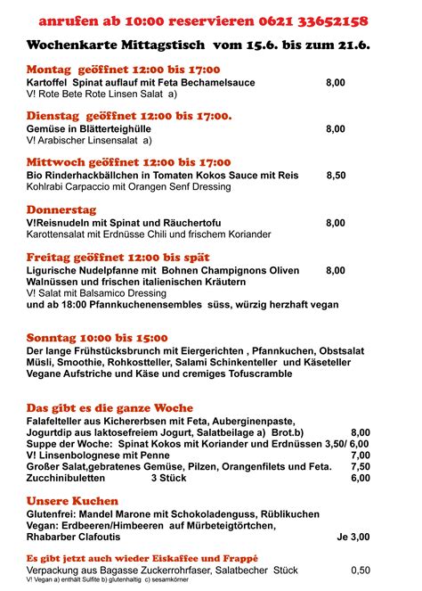 Wochenkarte Mittagstisch Und Kleine Gerichte Vom 156 Bis Zum 216