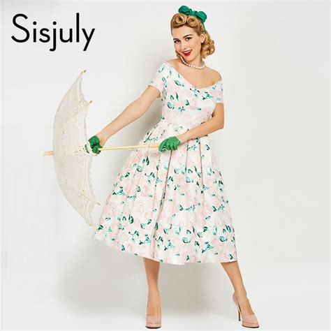 fair price sisjuly vintage 1950s summer women retro dress with print flowers 50s short sleeves v