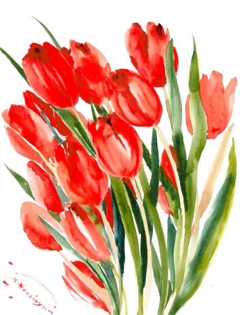 Red Tulips Original Watercolor Painting 16 X 12 In Red
