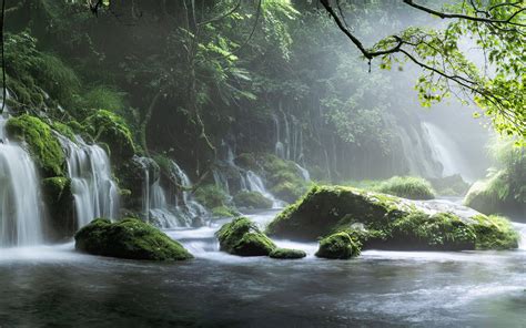 2880x1800 Spring Waterfall Stone Fog Mist Green Forest 8k Macbook Pro