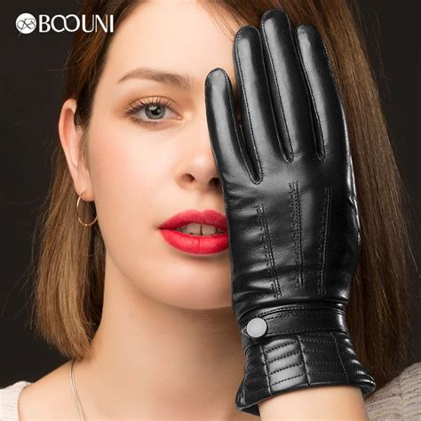 Boouni Genuine Leather Gloves Autumn Winter Plus Velvet Fashion Women Sheepskin Finger Gloves