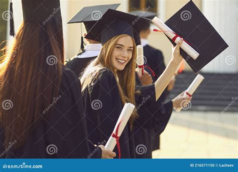Smiling Beautiful Girl University Or College Graduate Standing With