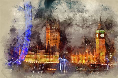 Watercolor Painting At Night Of Big Ben Houses Of Parliament And