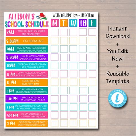 Home School Schedule Daily Weekly Subject Checklist Homework Etsy Uk