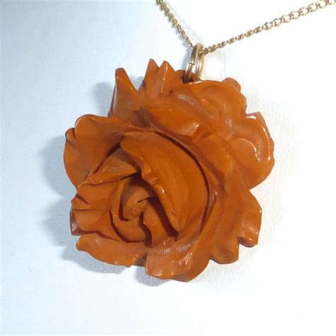 Bakelite Carved Rose Pendant Gold Filled Chain From Bejewelled On Ruby Lane