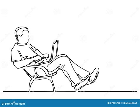 Ciągły Kreskowy Rysunek Mężczyzna Siedzący Działanie Na Laptopie