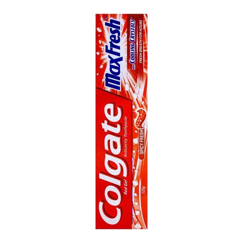 It has a good peppermint flavor that makes your breath feel and smell fresh and is made with whitening formula. Buy Colgate MaxFresh Red Gel Spicy Fresh Toothpaste 125gm ...