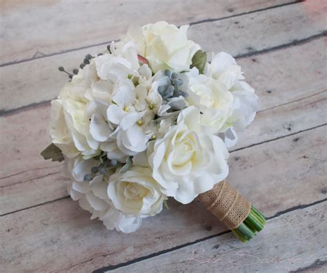 White Rose And Hydrangea Wedding Bouquet With Silver Brunia And Dusty