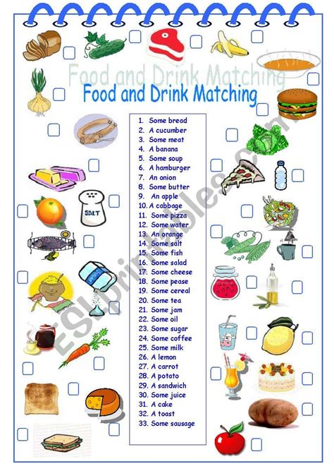 Food And Drink Matching Esl Worksheet By Alyona C