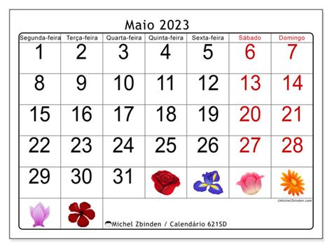 Calendário de maio de 2023 para imprimir 621SD Michel Zbinden BR