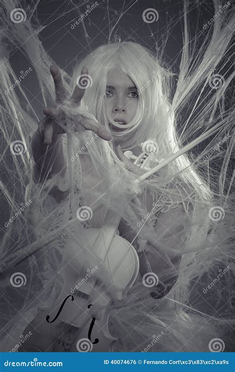 Music Beautiful Woman Trapped In A Spider Web With A White Viol Stock