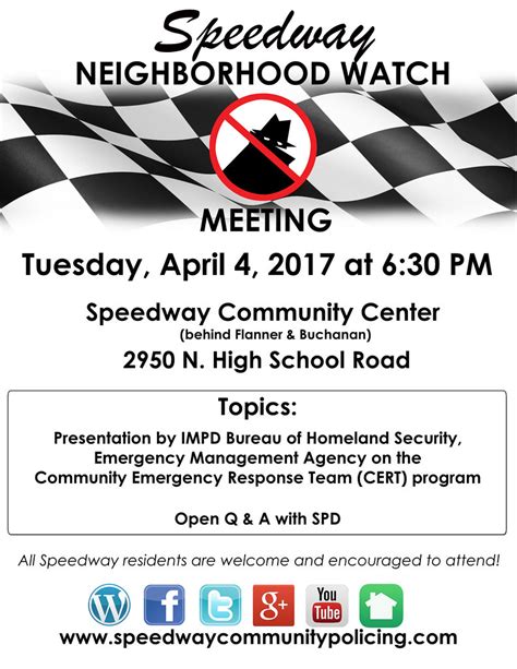 Neighborhood Watch Meeting Flyer April 2017 Speedway