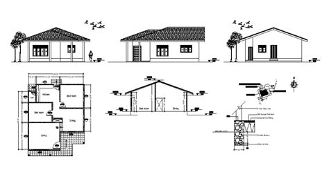 D View Drawings Of Single Story House Plan Elevation And Section In Autocad Cadbull