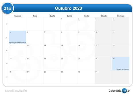 Calendário Outubro 2020