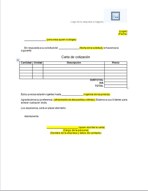 Carta De Cotización Formatos Y Ejemplos Word Para Imprimir