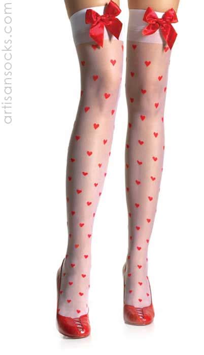white thigh hi with woven red hearts satin bow plus size