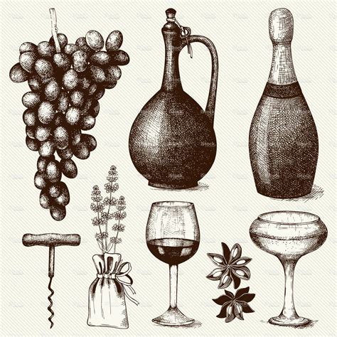 Vector Set Of Ink Hand Drawn Wine Illustration Isolated On Vintage Wine Bottle Illustration