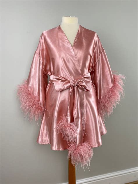 Sample Sale Short Satin Robe With Ostrich Feather Trim In Etsy