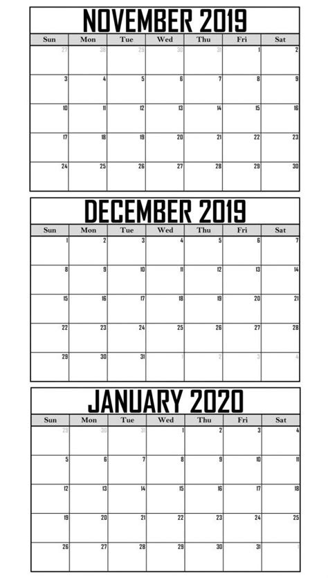Free November December January 2020 Calendar Printable Pdf Word Excel