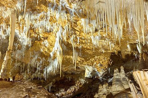 Many White Stalactites Inside Of Beautiful Old Cave Grotte Di Is Zuddas