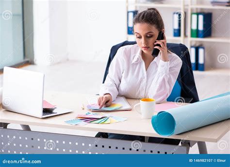 The Female Beautiful Designer Working In The Office Stock Image Image