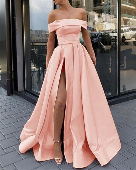 Elegant A Line Satin Peach Color Long Prom Dress Off The Shoulder Slit Siaoryne