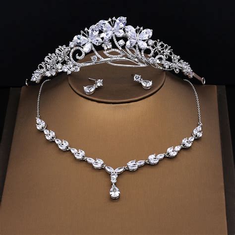 Luxury Cubic Zirconia Butterfly Crown Tiara Bridal Wedding Jewelry Sets
