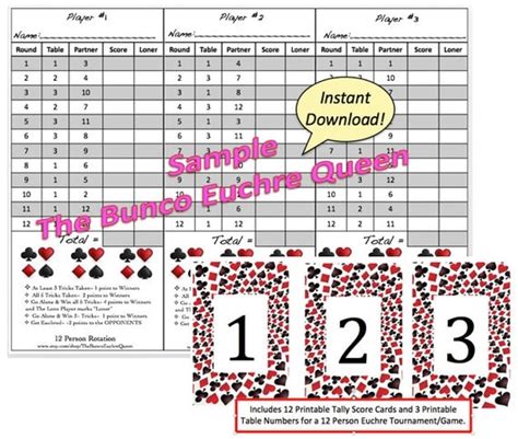 12 Person Euchre Rotation Printable Score Sheet Score Card