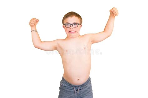 Boy With Downs Syndrome Flexing His Muscles Stock Photo Image Of