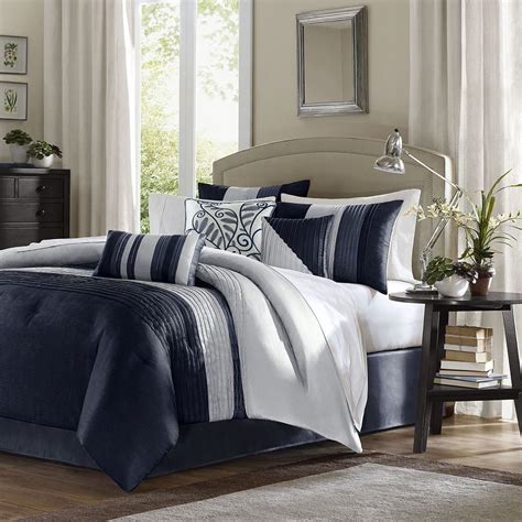 Luxury 7pc Navy Blue And Grey Striped Comforter Set And Decorative