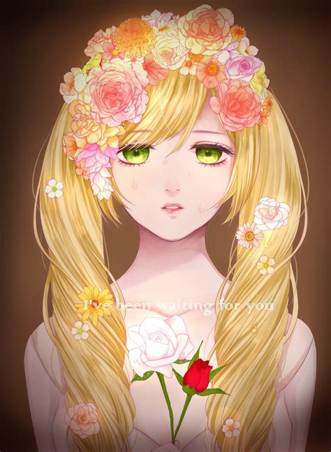 Long Hair Blonde Green Eyes Anime Anime Girls Flowers