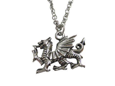 Silver Toned Textured Welsh Dragon Pendant Necklace Dragon Pendant