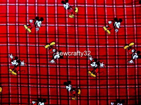 Authentic Disneyland Mickey Mouse Red Plaid Cotton Flannel Fabric Bty